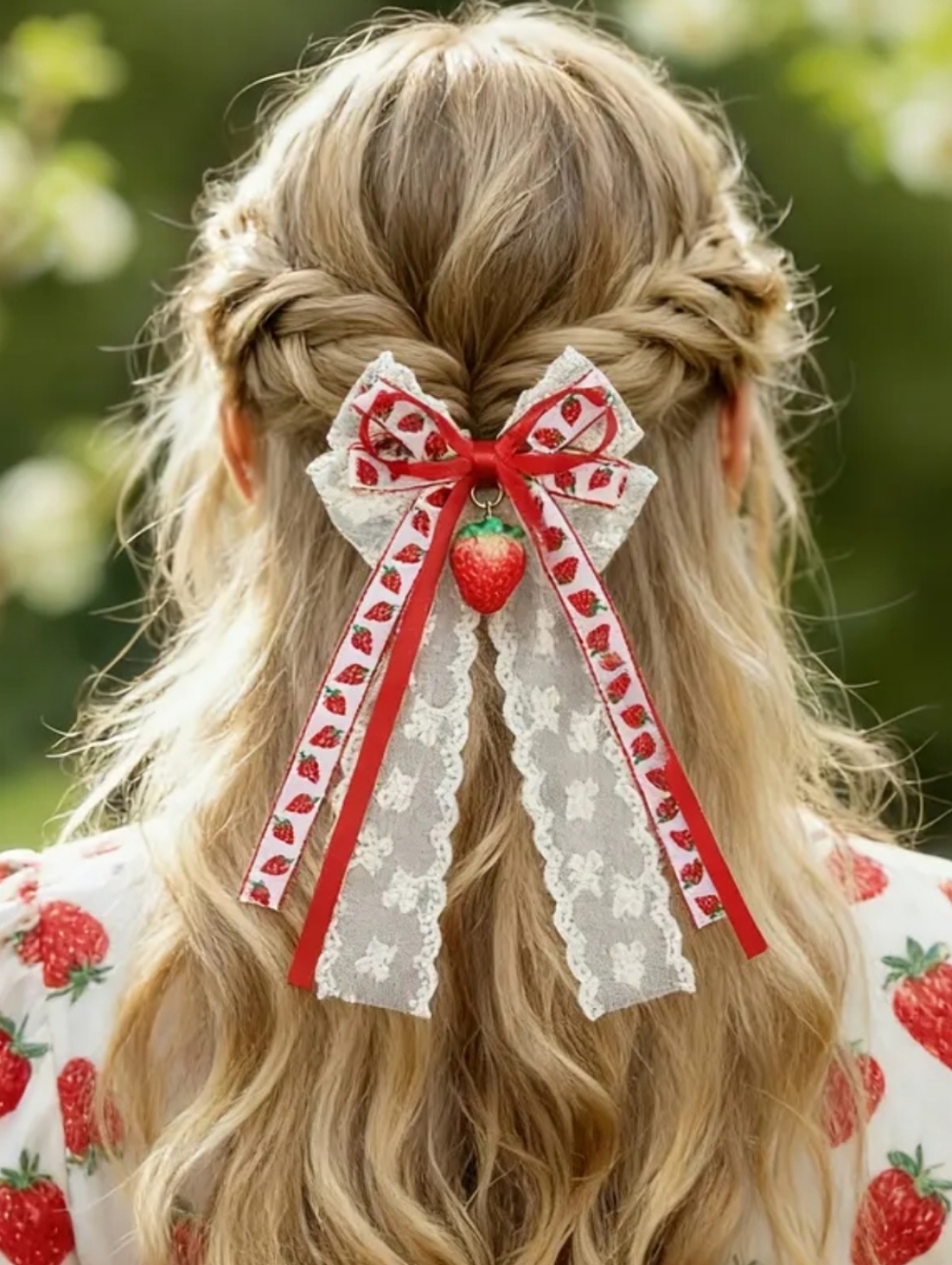 🍓 Strawberries & White Lace 3 Layer Bow Hair Clip W/Strawberry Charm (OS) 🍓😍